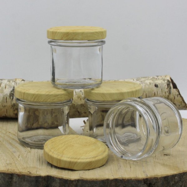 Glas "Ingenio" 50 ml mit Deckel in Holzdekor (Blueseal) - Höhe 9 cm